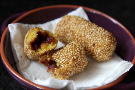 Fried pumpkin mochi with azuki paste