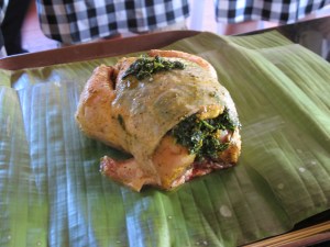 chicken stuffed with spinach, about to be wrapped in banana leaf and roasted.